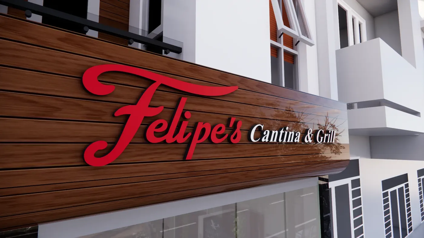Felipe's Cantina and Grill red and white 3D letters on a wood-paneled fascia