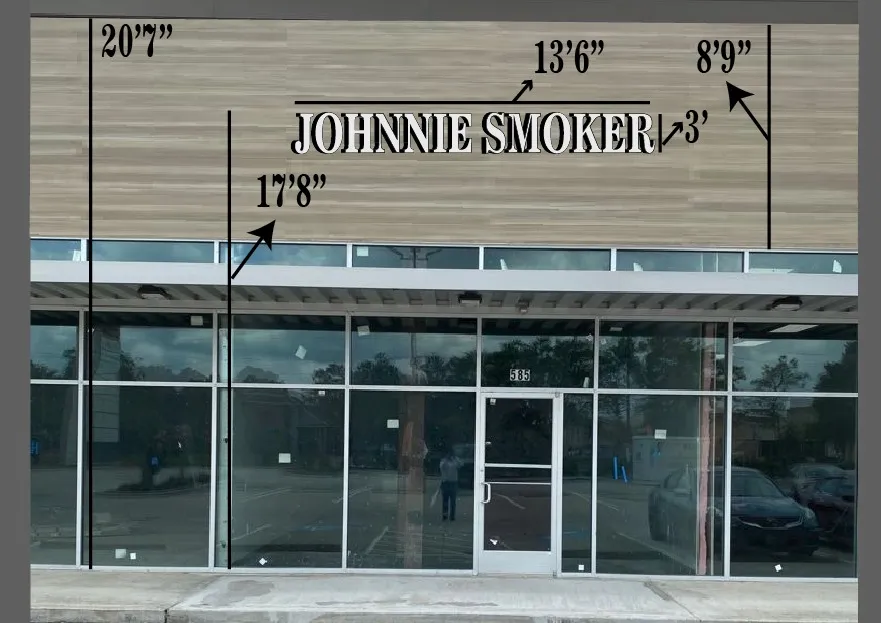 Johnnie Smoker storefront sign mockup with dimension lines in feet and inches