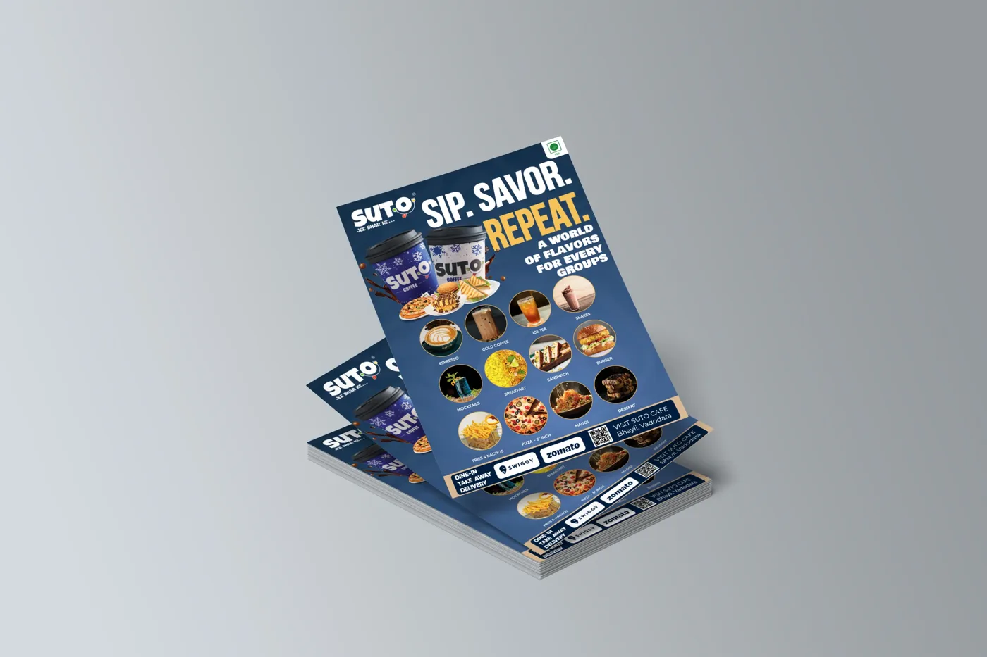 Stack of Suto Coffee menu flyers reading Sip Savor Repeat